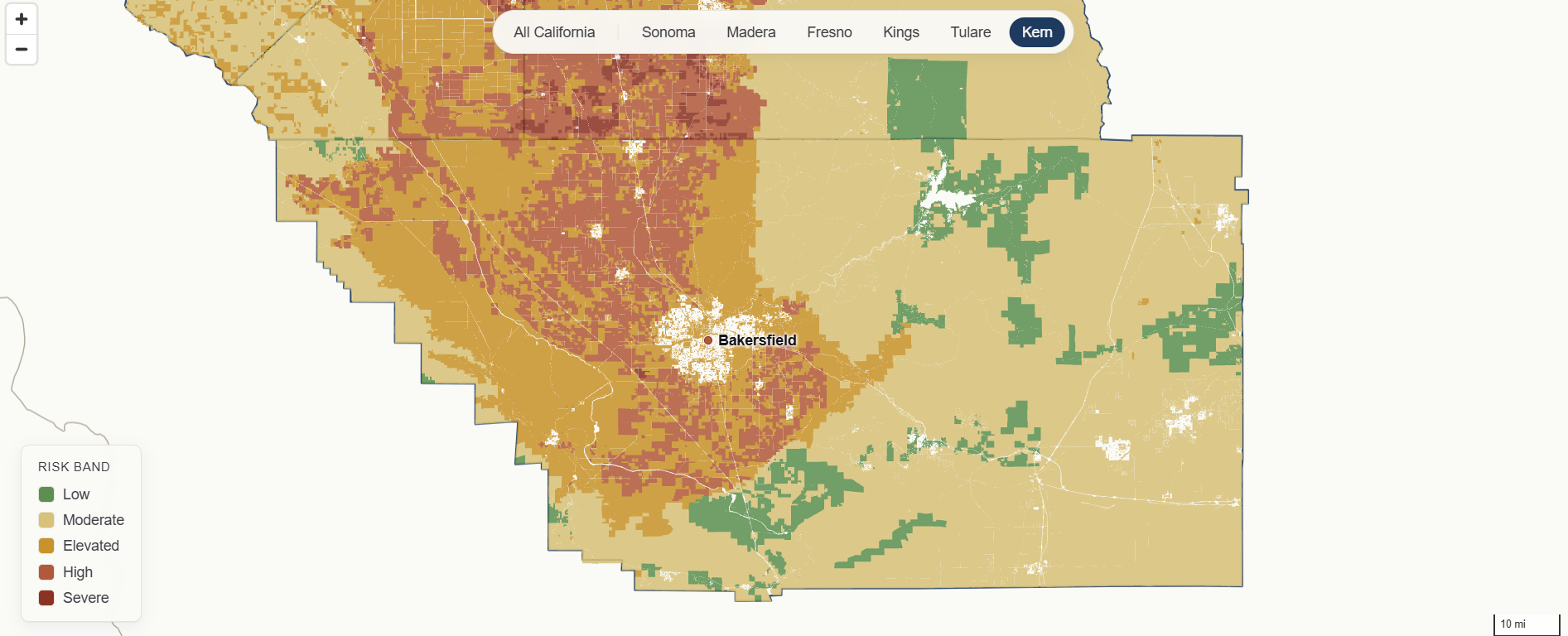 Kern County agricultural parcels colored by water-risk band — preview of the interactive map